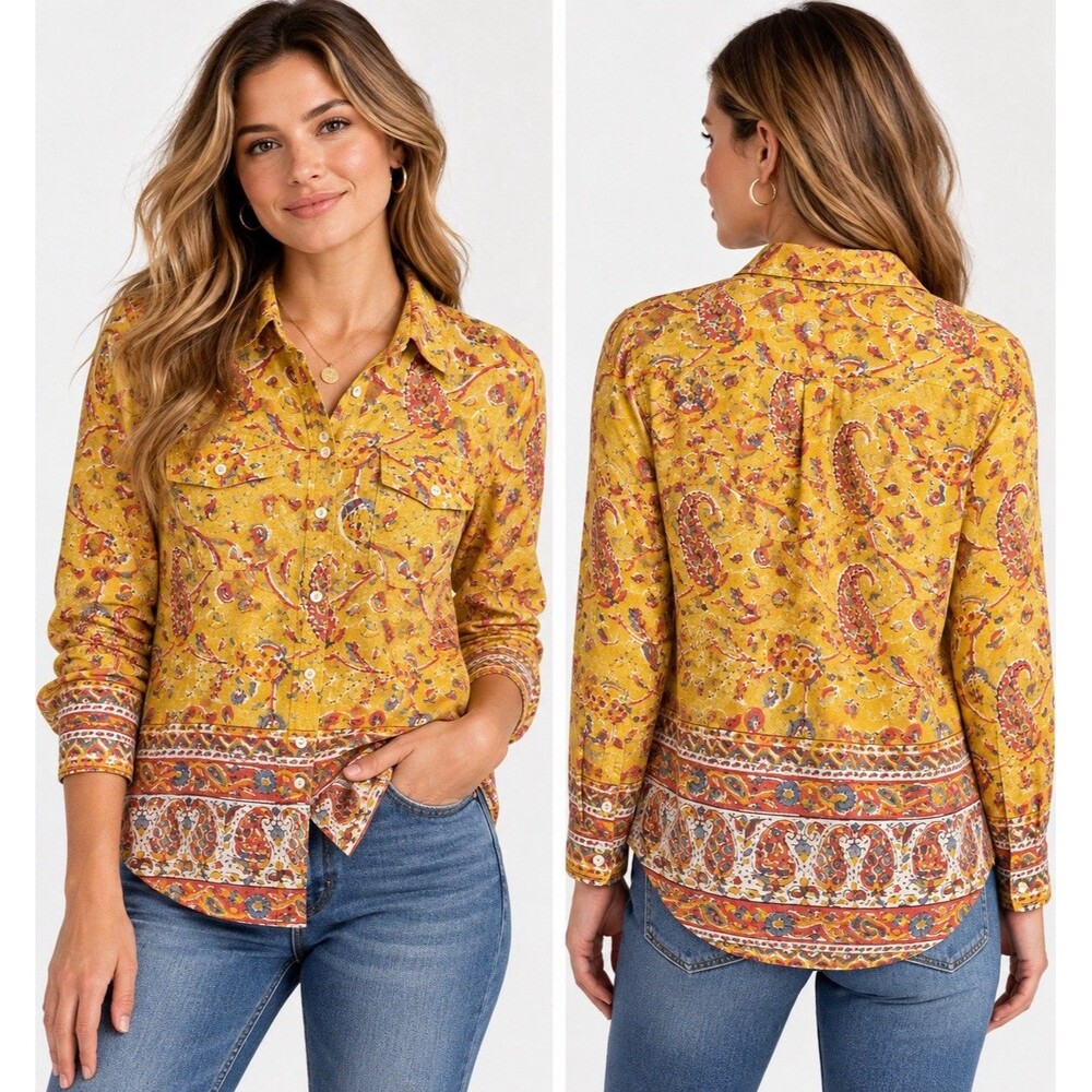 Sundance Pure Paisley Mustard Yellow Boho Button Down Border Print Shirt Small